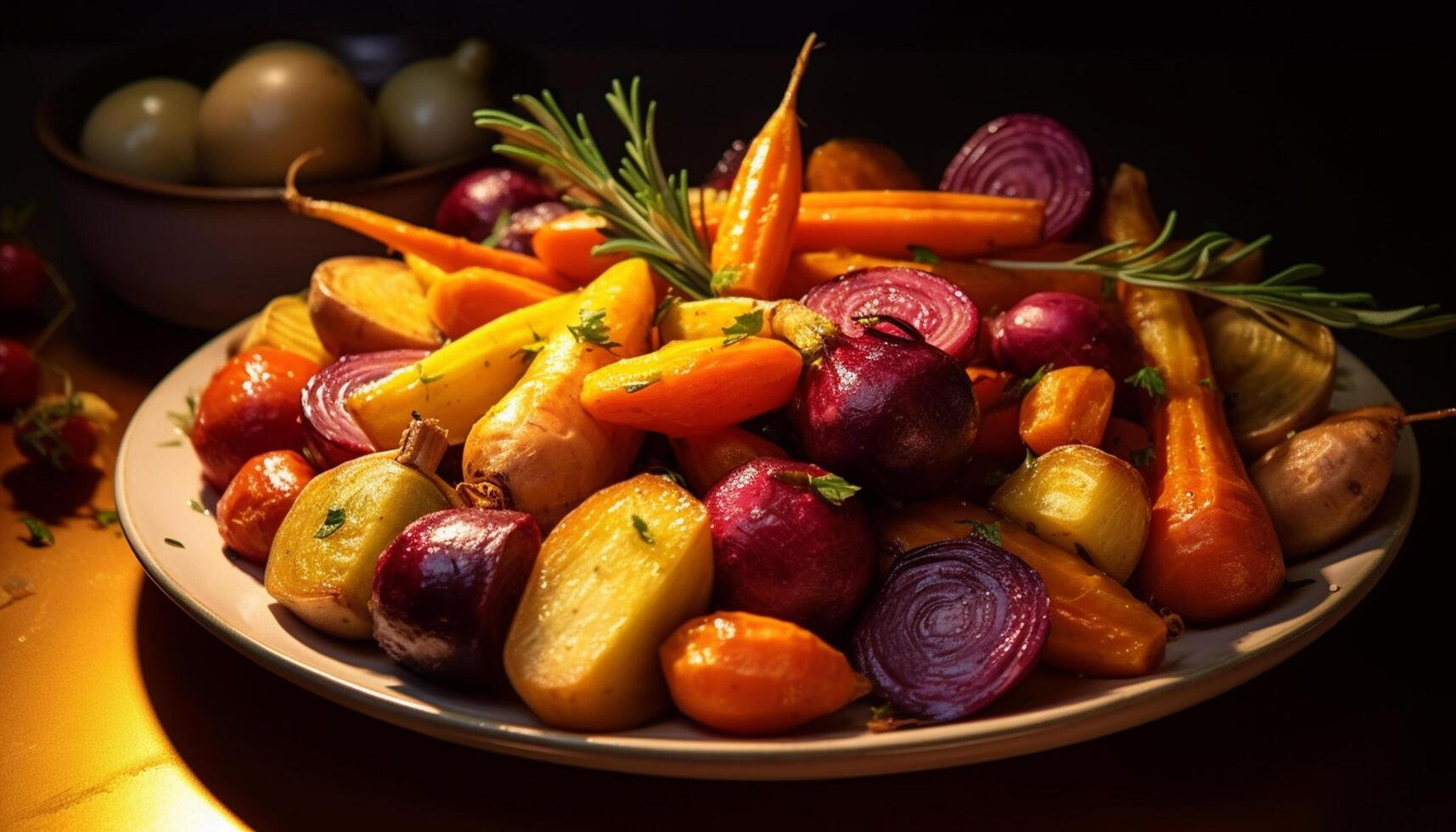 ai generiert Frische und gesund Essen auf ein Teller generiert durch ai foto