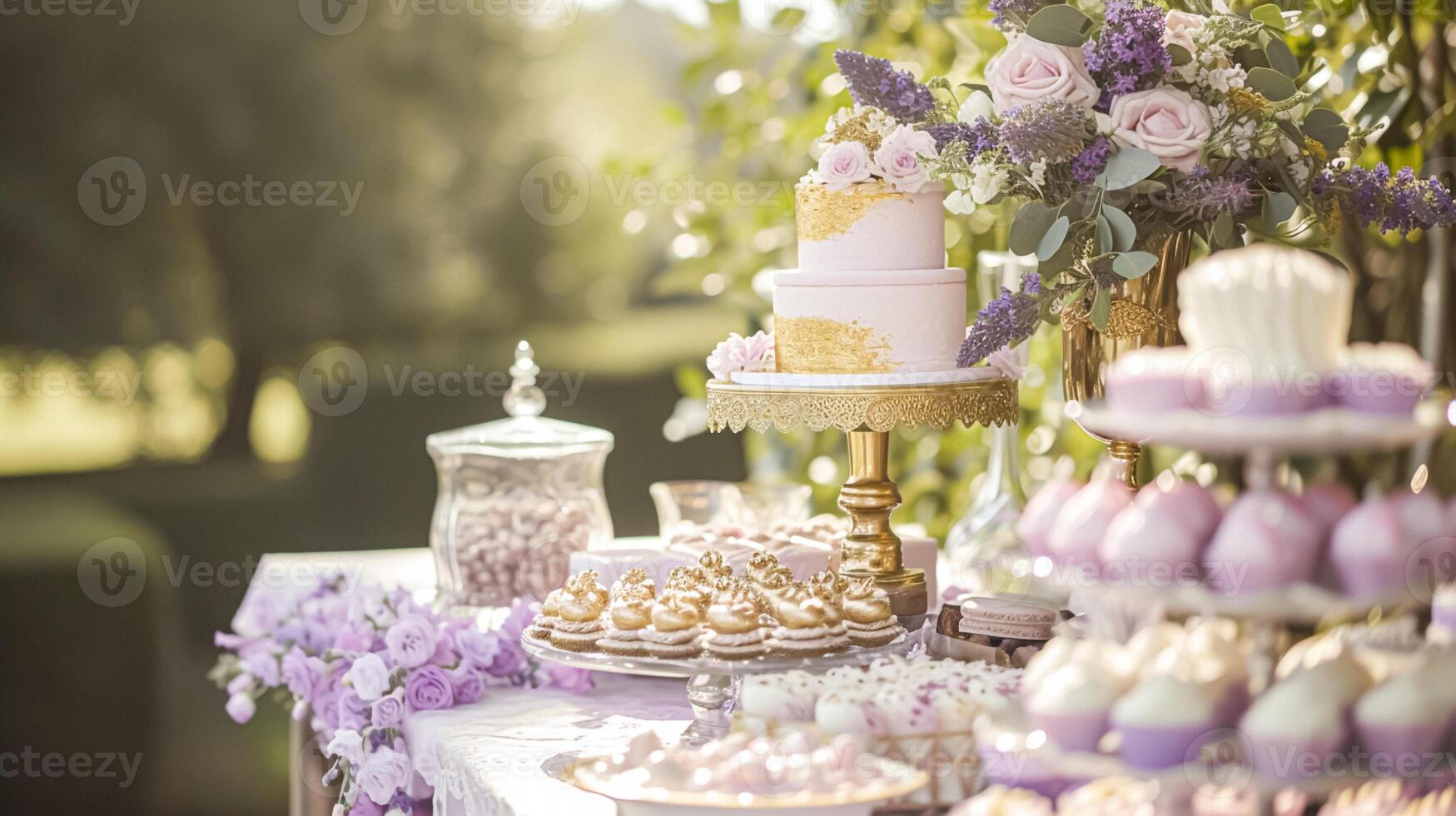 ai generiert Hochzeit Dekor mit Lavendel Thema, Blumen- Dekoration Design und schön Dekor Rahmen Anordnung foto