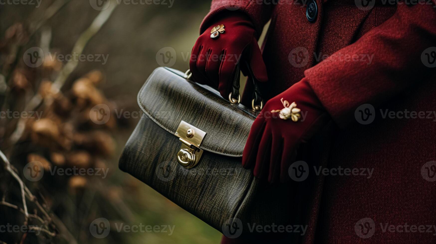 ai generiert Mode, Zubehörteil und Stil, Herbst Winter Frauenkleidung Kleidung Sammlung, Handschuhe und Handtasche, Englisch Landschaft aussehen foto