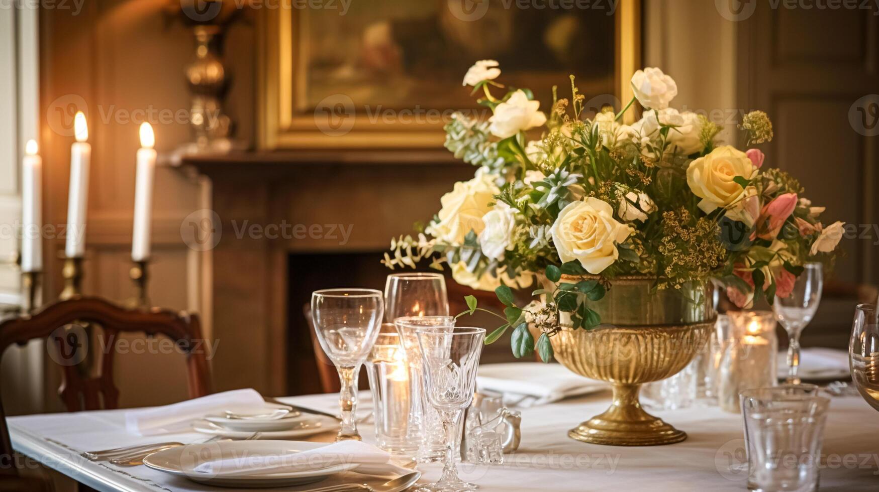 ai generiert Urlaub Feier Tabelle Dekor, festlich Tischlandschaft im Essen Zimmer, Kerzen und Blumen Dekoration zum formal Familie Abendessen im das Englisch Land Haus, Landschaft Innere Design foto