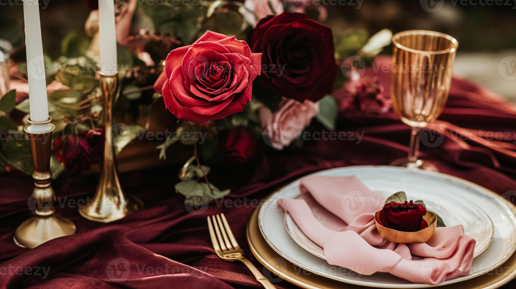 ai generiert Hochzeit und Veranstaltung Feier Tischlandschaft mit Blumen, formal Abendessen Tabelle Rahmen mit Rosen und Wein, elegant Blumen- Tabelle Dekor zum Abendessen Party und Urlaub Dekoration, Zuhause Styling foto