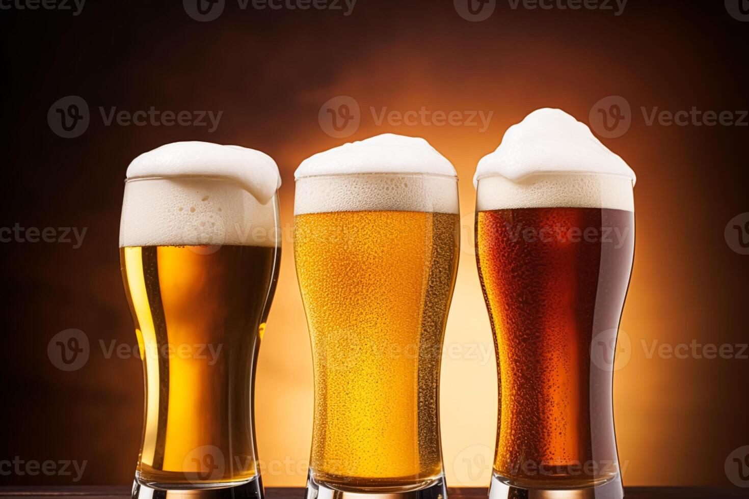ai generiert Brille von kalt Bier mit Schaum, Pint von Original Prämie Bier trinken, Alkohol Geschmack und Urlaub Feier foto