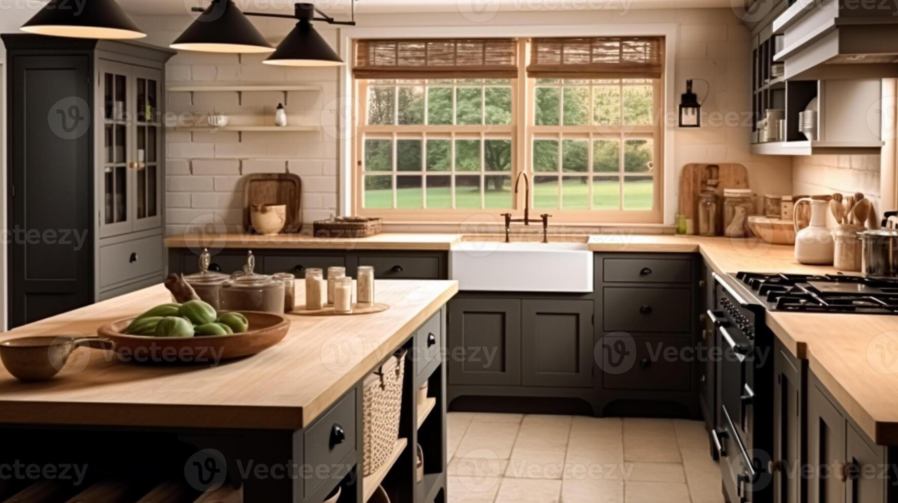 ai generiert dunkel Küche Dekor, Hütte Innere Design und Haus Verbesserung, Englisch im Rahmen Küche Schränke im ein Land Haus Stil foto