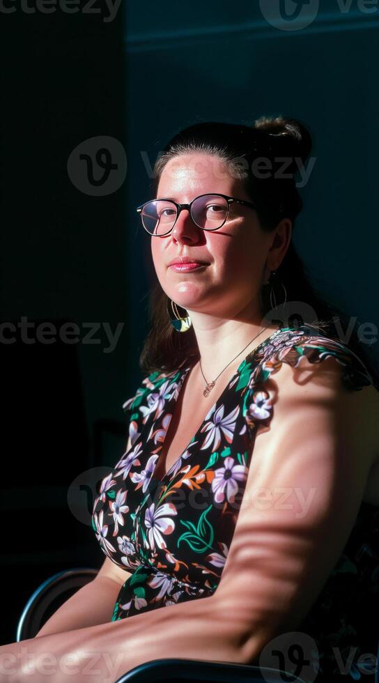 ai generiert künstlerisch Porträt von Frau im das Schatten. foto