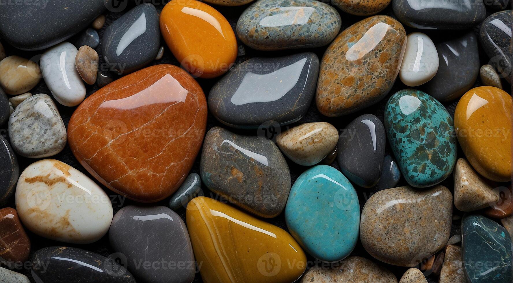 ai generiert schön Strand farbig Steine im das Strand Seite mit Wellen beim das Nacht, Phosphor Steine, farbig Strand Steine Hintergrund foto