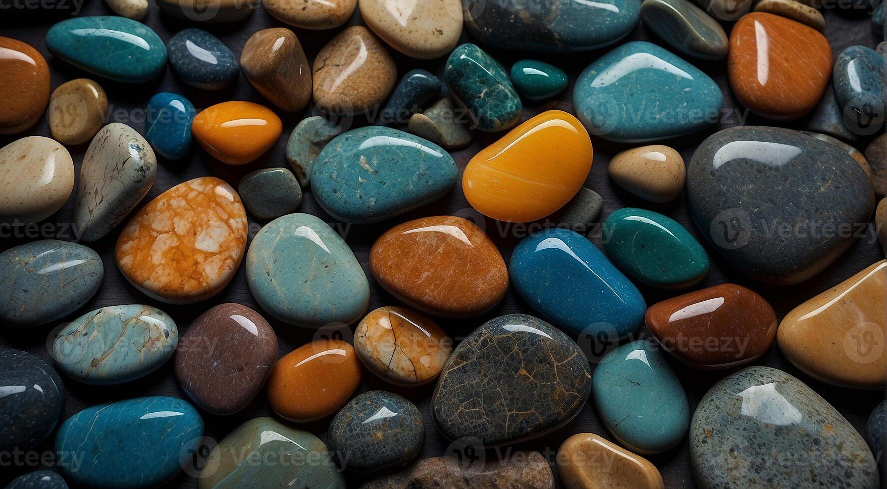 ai generiert schön Strand farbig Steine im das Strand Seite mit Wellen beim das Nacht, Phosphor Steine, farbig Strand Steine Hintergrund foto