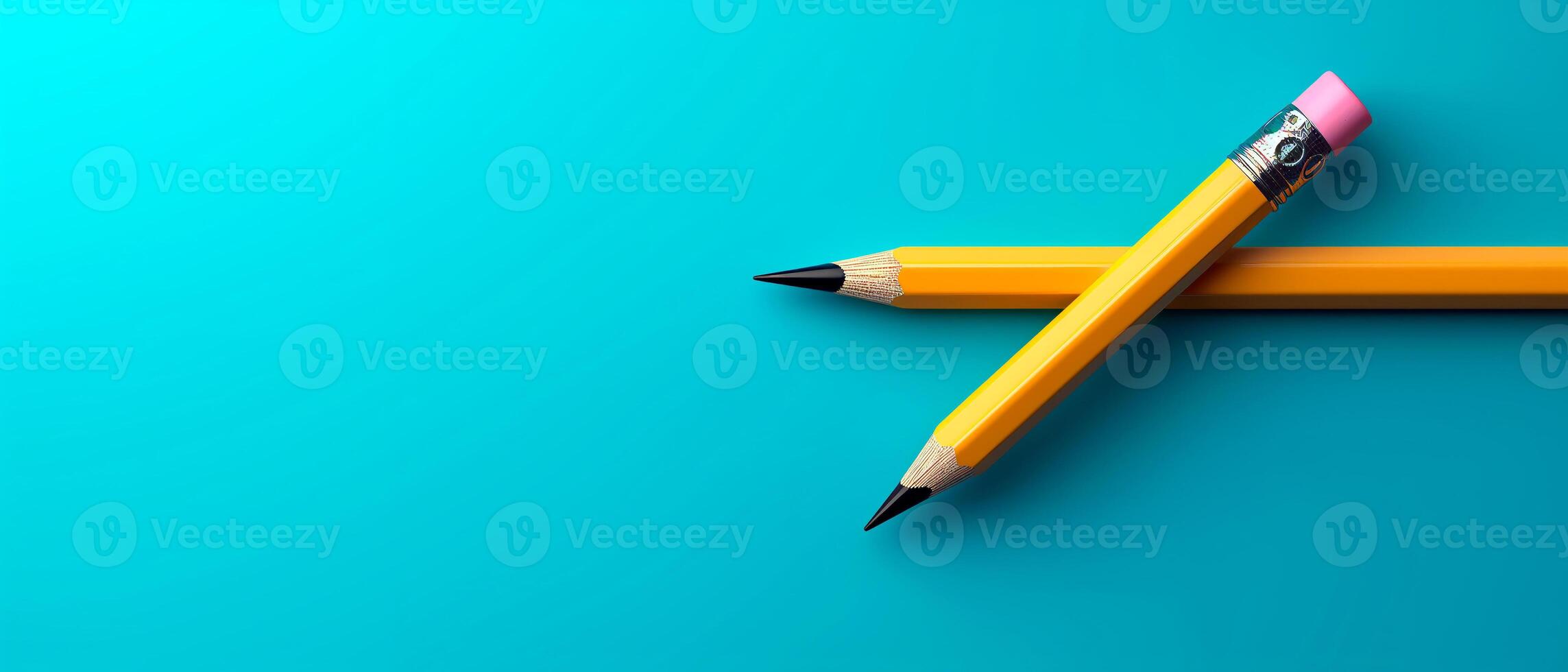 ai generiert 3d Design von bunt Bleistifte Über Licht Blau Hintergrund. Header mit leeren Raum zum Text, Promo oder Logo. zurück zu Schule Konzept. foto