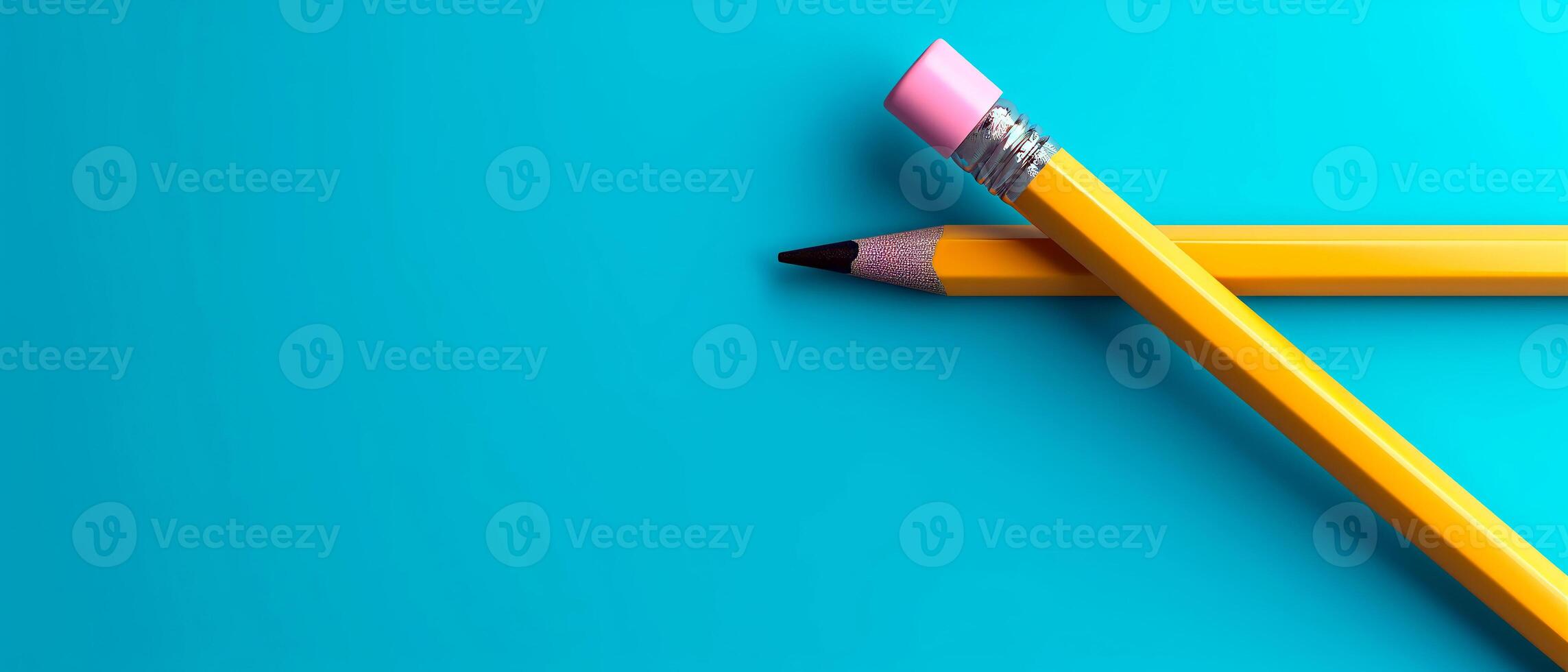 ai generiert 3d Design von bunt Bleistifte Über Licht Blau Hintergrund. Header mit leeren Raum zum Text, Promo oder Logo. zurück zu Schule Konzept. foto