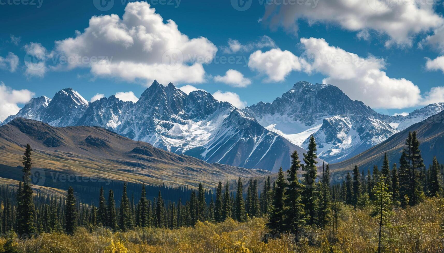 ai generiert schneebedeckt Berge von Alaska, Landschaft mit Wälder, Täler, und Flüsse im Tageszeit. atemberaubend Natur Komposition Hintergrund Hintergrund, Reise Ziel, Abenteuer draußen foto