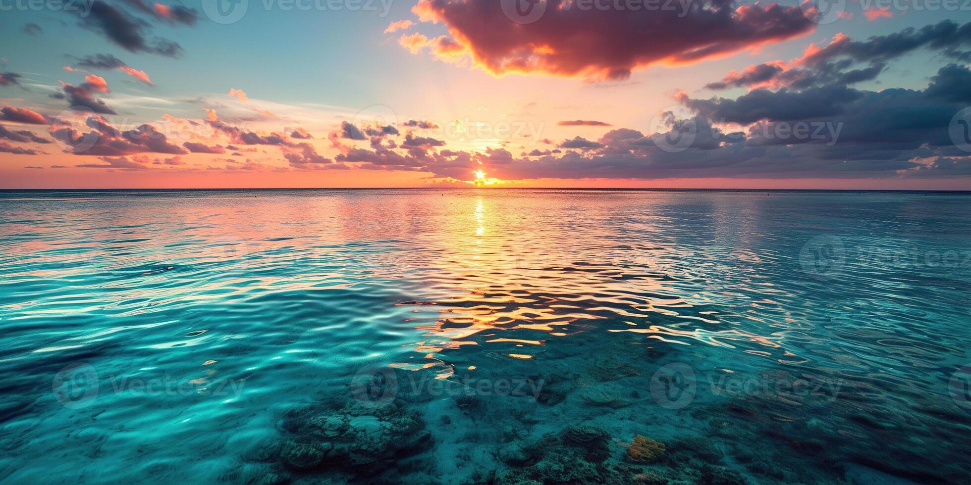 ai generiert großartig Barriere Riff auf das Küste von Queensland, Australien Meereslandschaft. Koralle Meer Marine Ökosystem Hintergrund Hintergrund beim Sonnenuntergang, mit ein Orange lila Himmel im das Abend golden Stunde foto