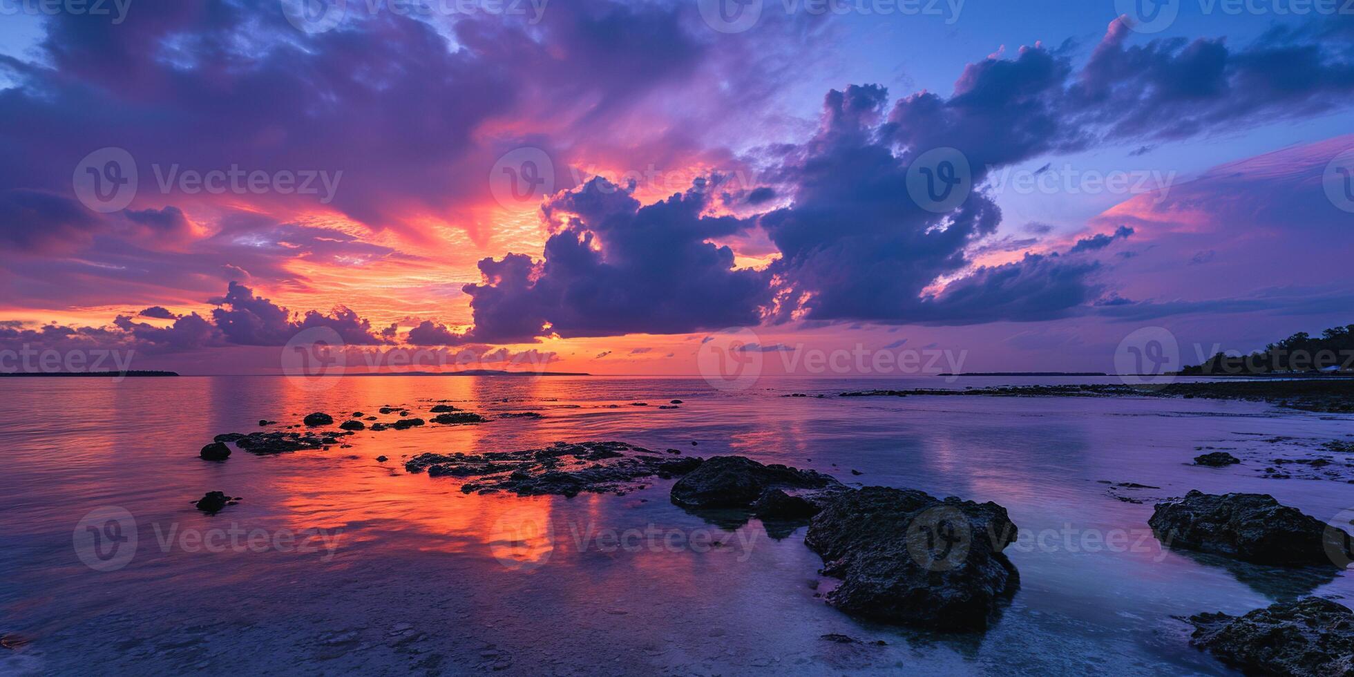 ai generiert großartig Barriere Riff auf das Küste von Queensland, Australien felsig Strand Meereslandschaft. Felsen und Kiesel, lila und Orange golden Stunde Sonnenuntergang Abend Himmel Horizont Meer Hintergrund Hintergrund foto