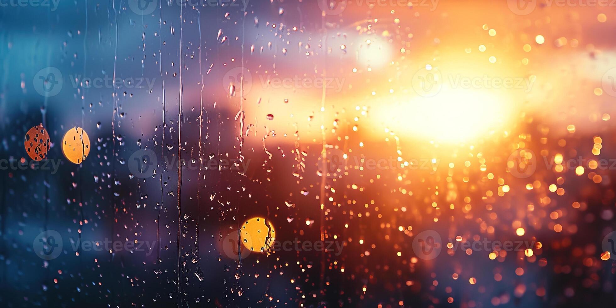 ai generiert regnerisch Fenster mit verschwommen Stadt Beleuchtung im das Hintergrund beim Sonnenuntergang. Bokeh aus von Fokus verwischen, kalt Wetter, melancholisch Stimmung, golden Stunde Sonnenstrahlen, Sehnsucht Konzept Hintergrund foto