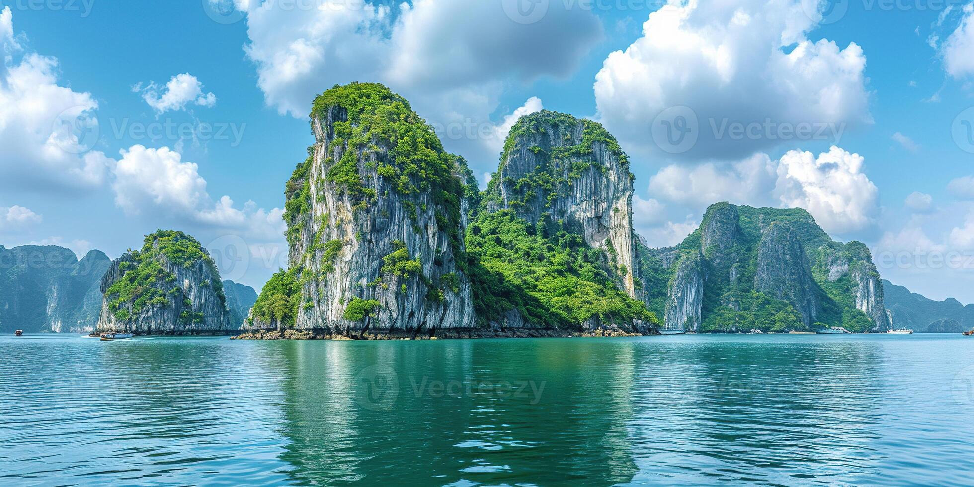 ai generiert Ha lange Bucht, Halong Bucht Welt Erbe Grundstück, Kalkstein Inseln, Smaragd Wasser mit Boote im Provinz, Vietnam. Reise Ziel, natürlich Wunder Landschaft Hintergrund Hintergrund foto