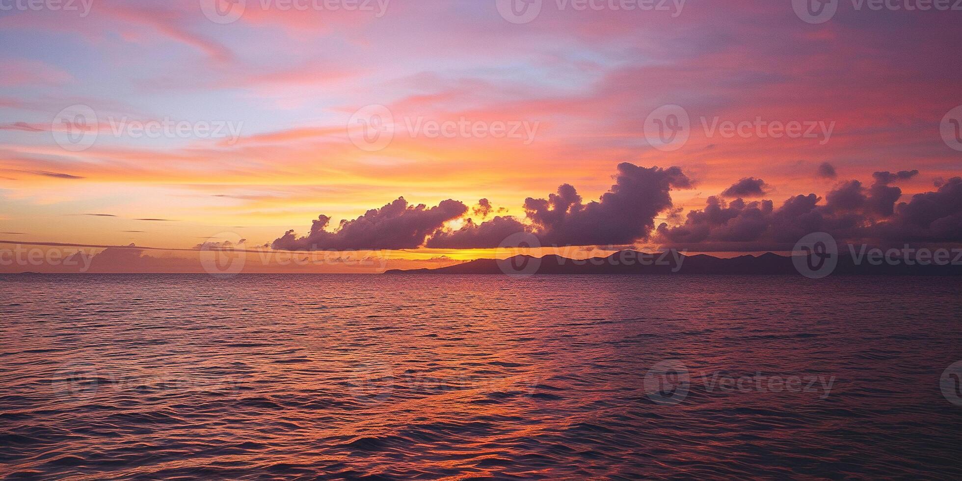 ai generiert Ruhe Meer Sonnenuntergang Landschaft. lila, Rosa, Orange feurig golden Stunde Abend Himmel im das Horizont. Achtsamkeit, Meditation, Ruhe, Gelassenheit, Entspannung Konzept Hintergrund Hintergrund foto