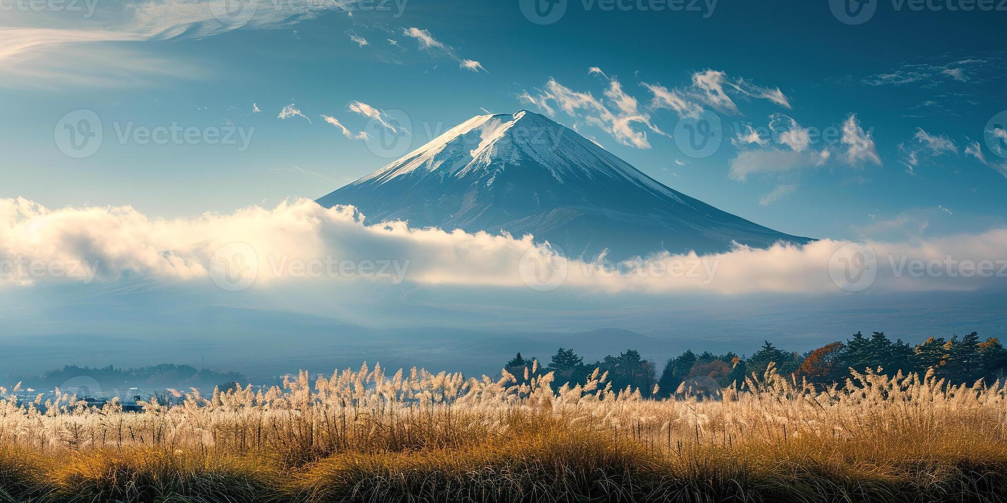 ai generiert mt. Fuji, montieren Fuji-san höchste Vulkan Berg im Tokio, Japan. Schnee gekappt Gipfel, konisch heilig Symbol, Natur Landschaft Hintergrund Hintergrund Hintergrund, Reise Ziel foto