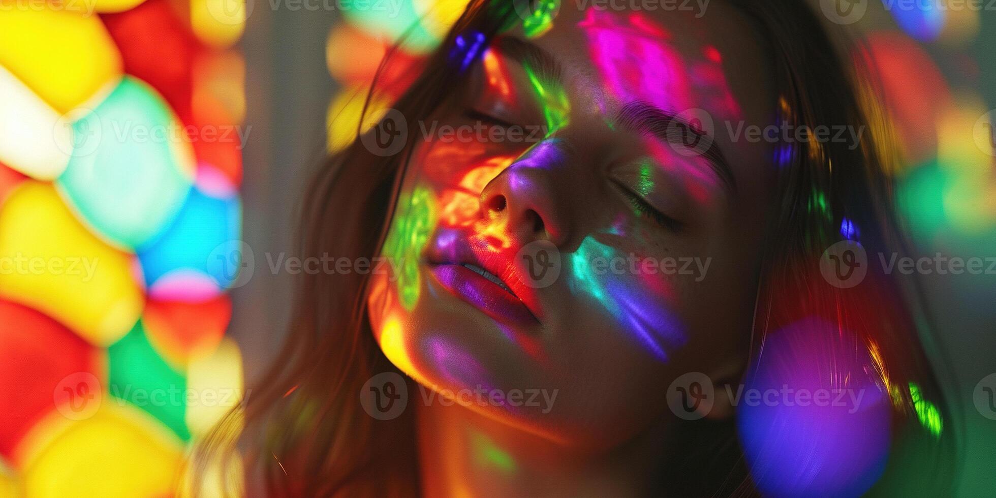 ai generiert jung Frau Modell- im ihr 20er Jahre posieren im ein Prisma befleckt Glas Regenbogen Spektrum hell Farbe Beleuchtung. natürlich Schönheit, Jugend, Gesicht Haut Pflege, Mode und bilden Konzept Hintergrund foto