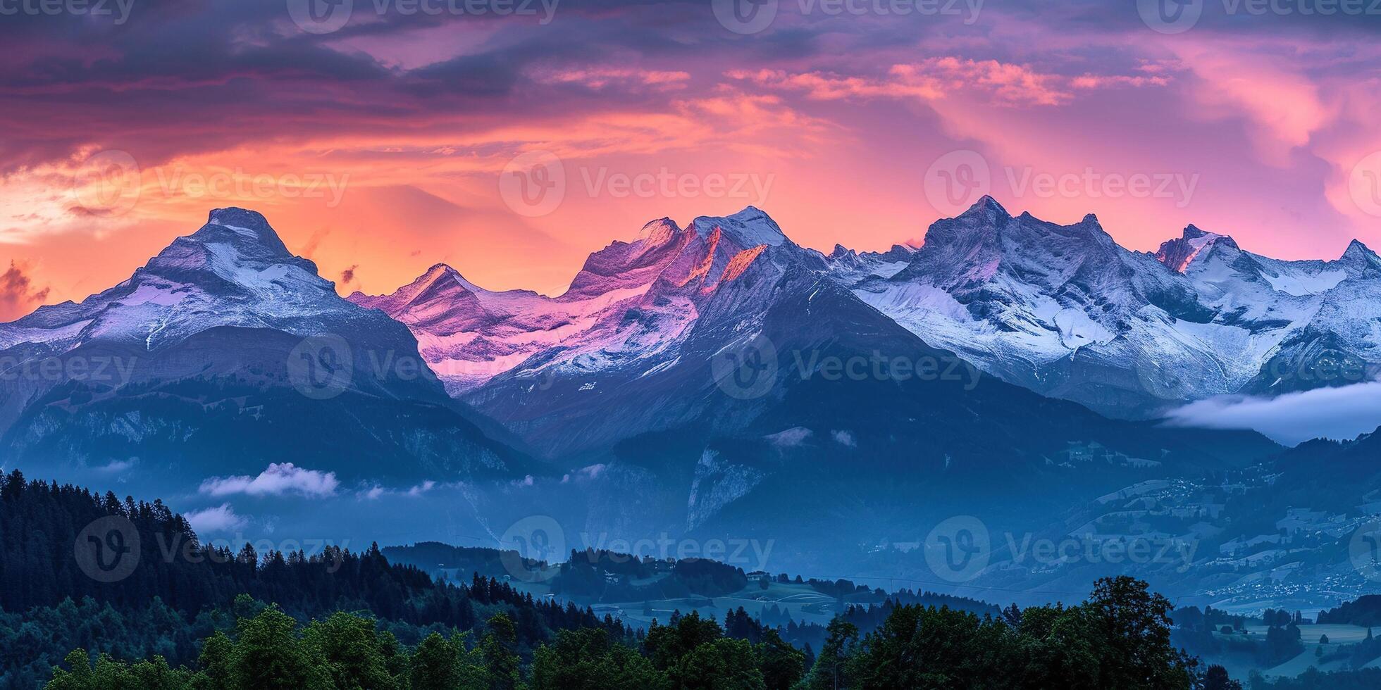 ai generiert schweizerisch Alpen schneebedeckt Berg Angebot mit Täler und Wiesen, Landschaft im Schweiz Landschaft. golden Stunde majestätisch feurig Sonnenuntergang Himmel, Reise Ziel Hintergrund Hintergrund foto