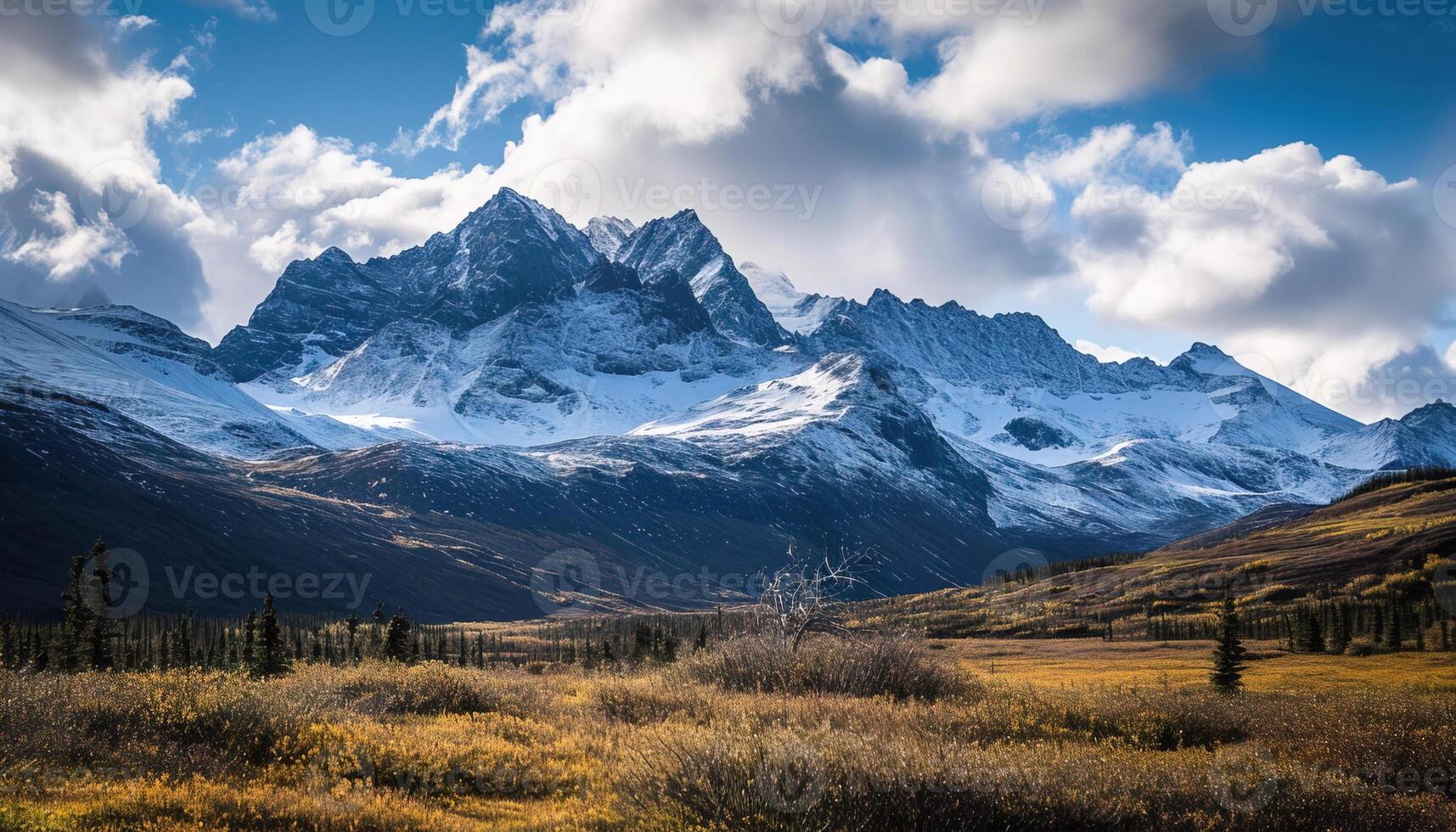 ai generiert schneebedeckt Berge von Alaska, Landschaft mit Wälder, Täler, und Flüsse im Tageszeit. atemberaubend Natur Komposition Hintergrund Hintergrund, Reise Ziel, Abenteuer draußen foto