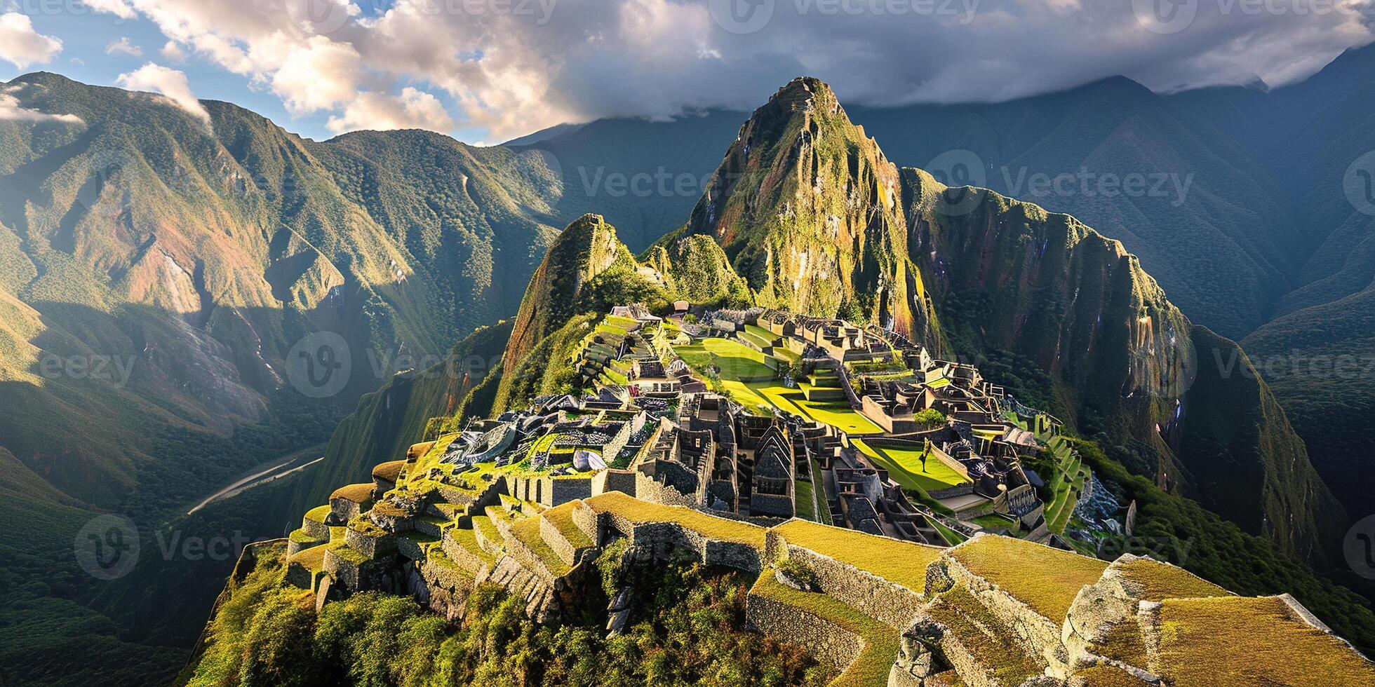 ai generiert historisch Heiligtum von machu Picchu auf ein Berg Grat, östlichen Kordilleren von Süd- Peru. Inka Zitadelle im das Anden Berge, uralt Zivilisation, Sonnenuntergang Panorama Landschaft foto