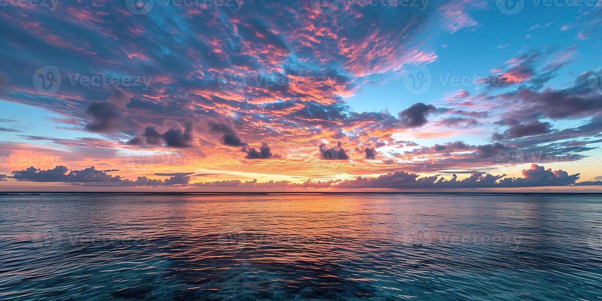 ai generiert Ruhe Meer Sonnenuntergang Landschaft. lila, Rosa, Orange feurig golden Stunde Abend Himmel im das Horizont. Achtsamkeit, Meditation, Ruhe, Gelassenheit, Entspannung Konzept Hintergrund Hintergrund foto