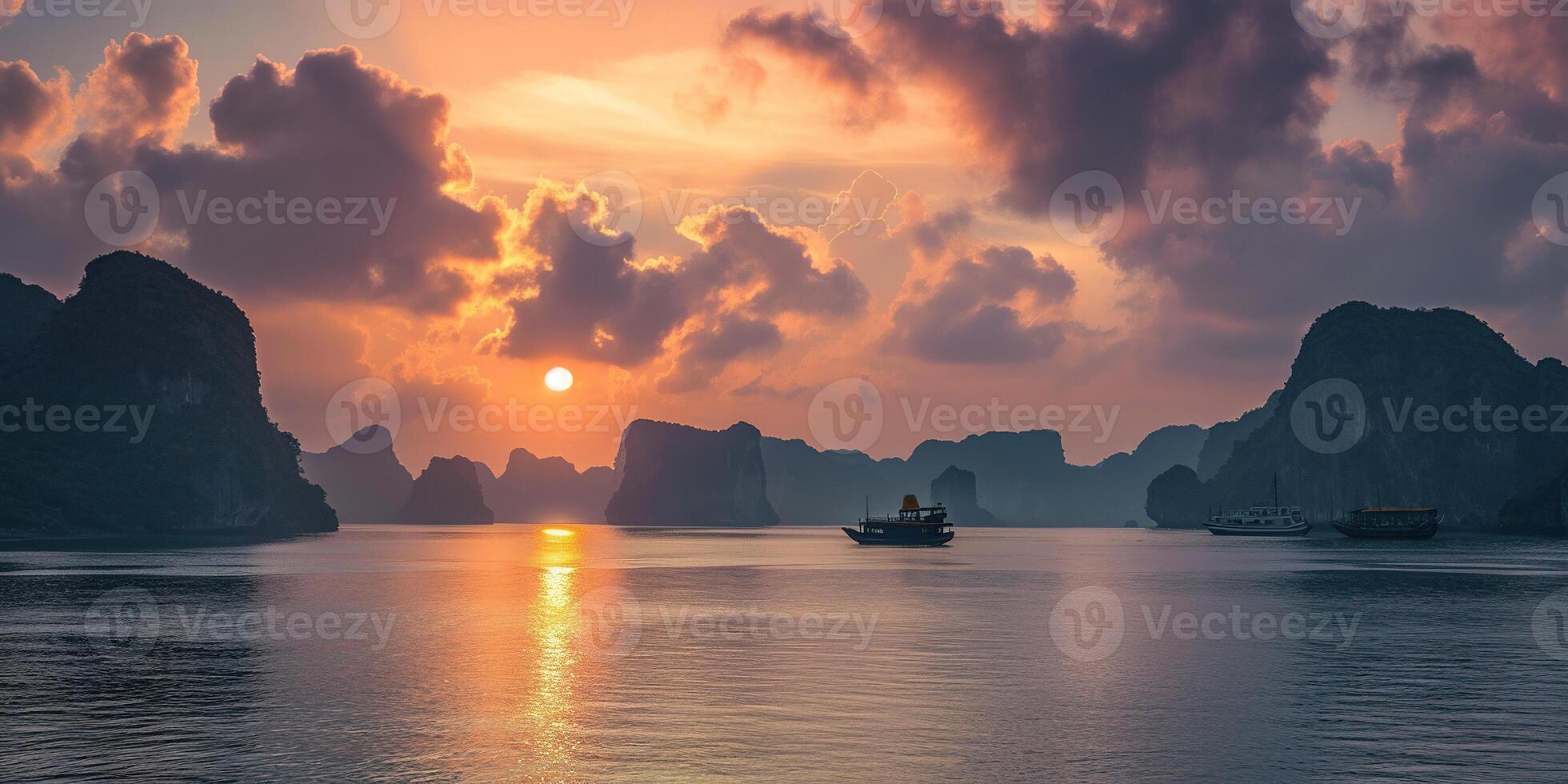 ai generiert Ha lange Bucht, Halong Bucht Welt Erbe Grundstück, Kalkstein Inseln, Smaragd Wasser mit Boote im Provinz, Vietnam. Sonnenuntergang, Reise Ziel, natürlich Wunder Landschaft Hintergrund Hintergrund foto