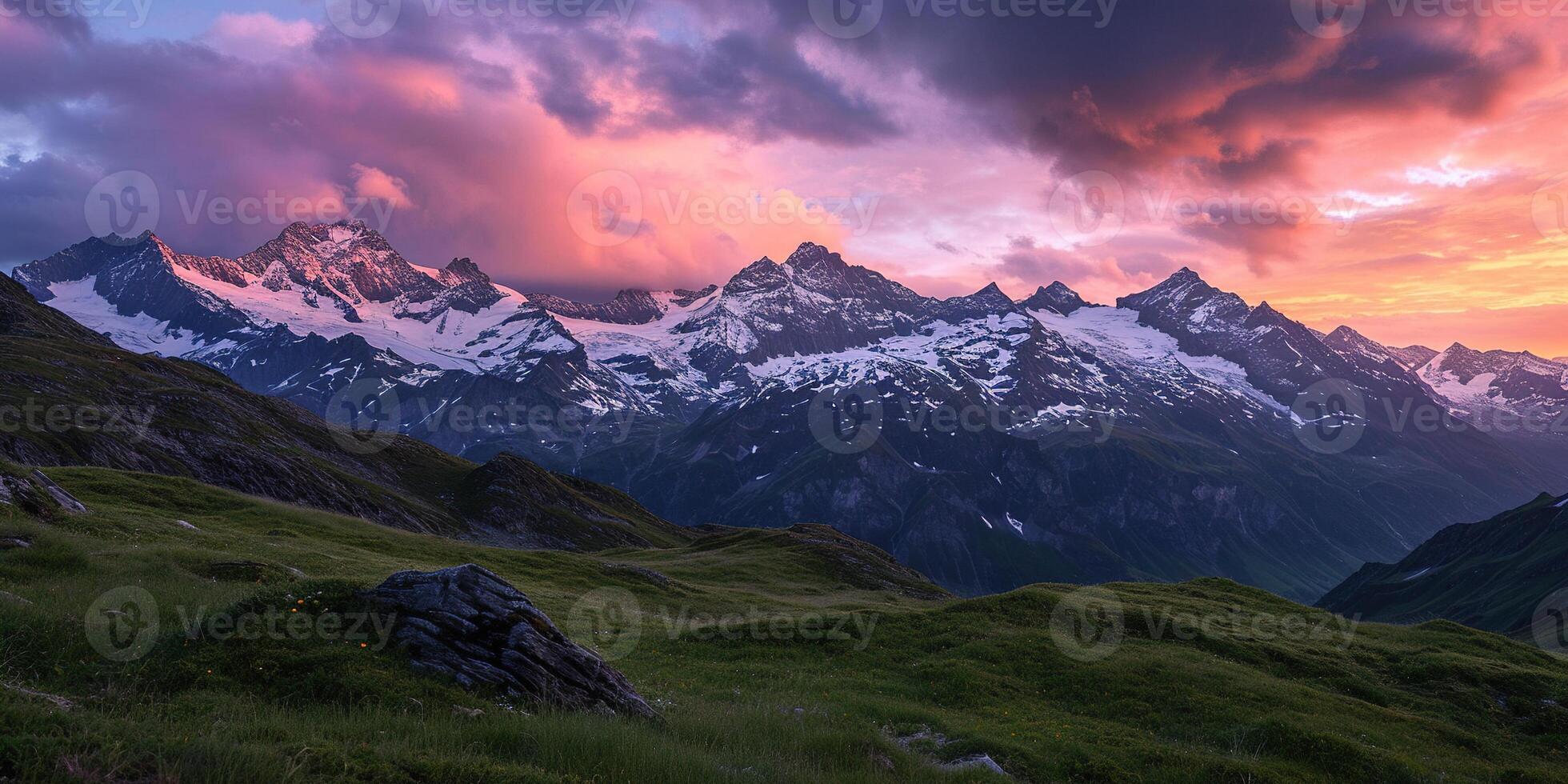 ai generiert schweizerisch Alpen schneebedeckt Berg Angebot mit Täler und Wiesen, Schweiz Landschaft. golden Stunde Sonnenuntergang, heiter idyllisch Panorama, majestätisch Natur, Entspannung, Ruhe Konzept foto