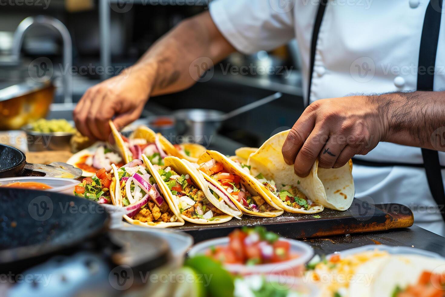 ai generiert ein erfahren Koch Montage Gourmet Mexikaner Tacos im ein modern Küche foto