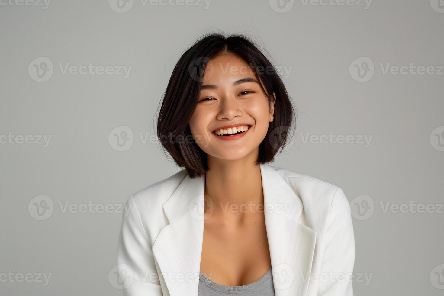 ai generiert ein zuversichtlich jung Dame tragen Weiß Blazer lächelnd lebhaft im isoliert einfach Studio Hintergrund foto