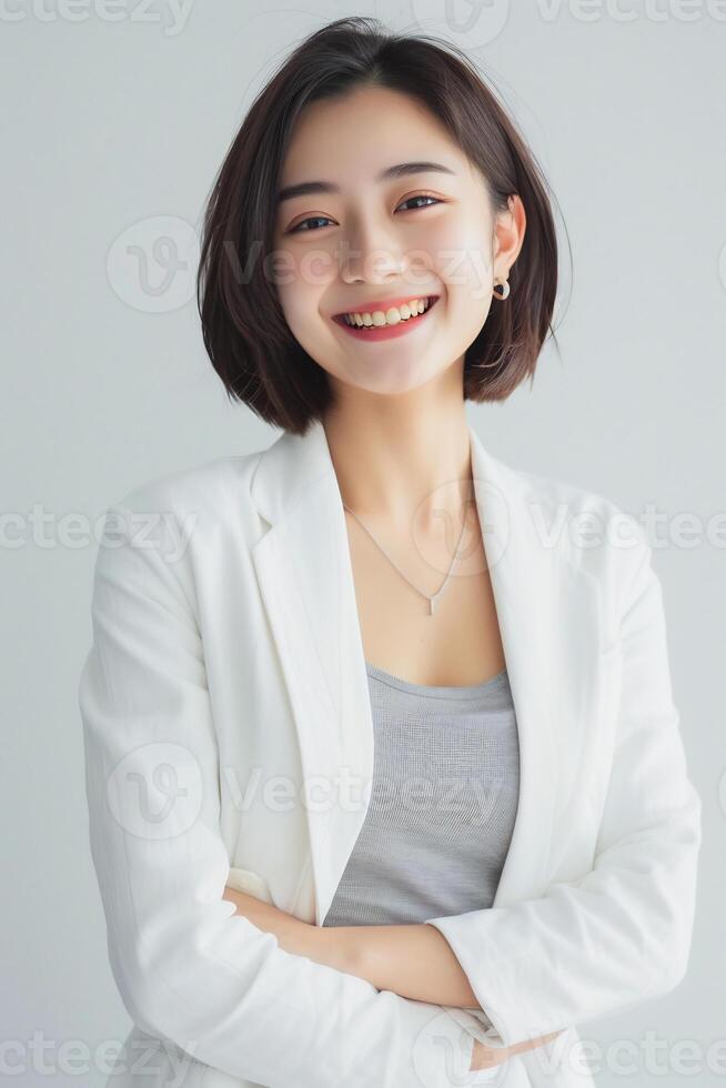 ai generiert ein zuversichtlich jung Dame tragen Weiß Blazer lächelnd lebhaft im isoliert einfach Studio Hintergrund foto