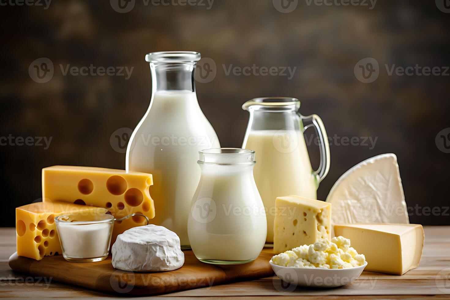 ai generiert Sortiment von anders Käse und Milch Typen auf hölzern Hintergrund. foto