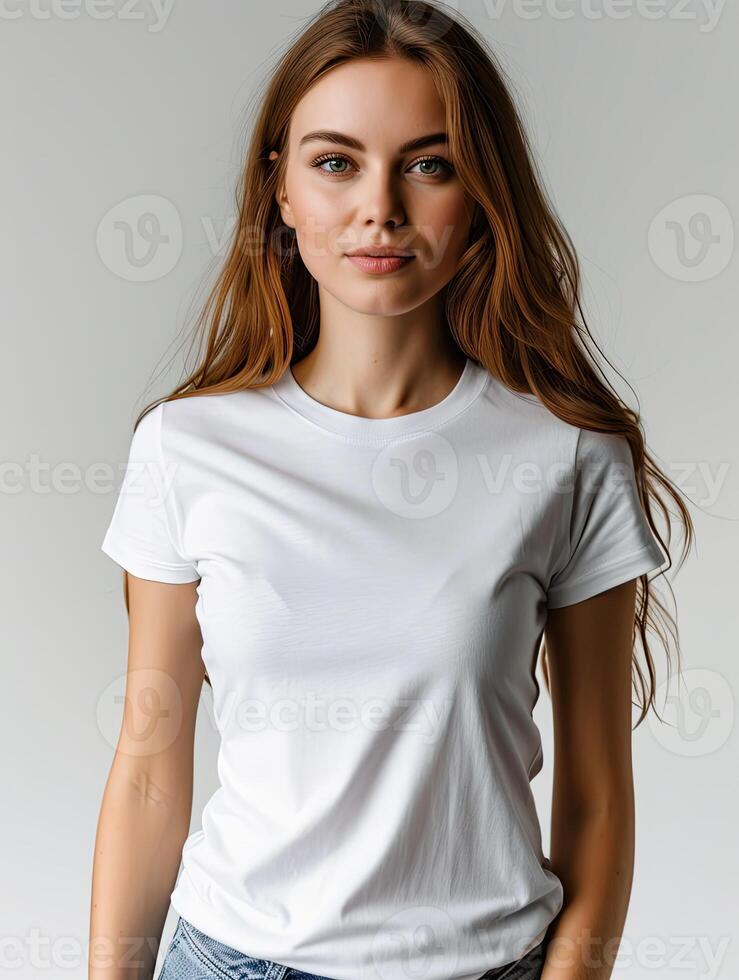 ai generiert Attrappe, Lehrmodell, Simulation zum Design. Frau im Weiß T-Shirt im Vorderseite. foto