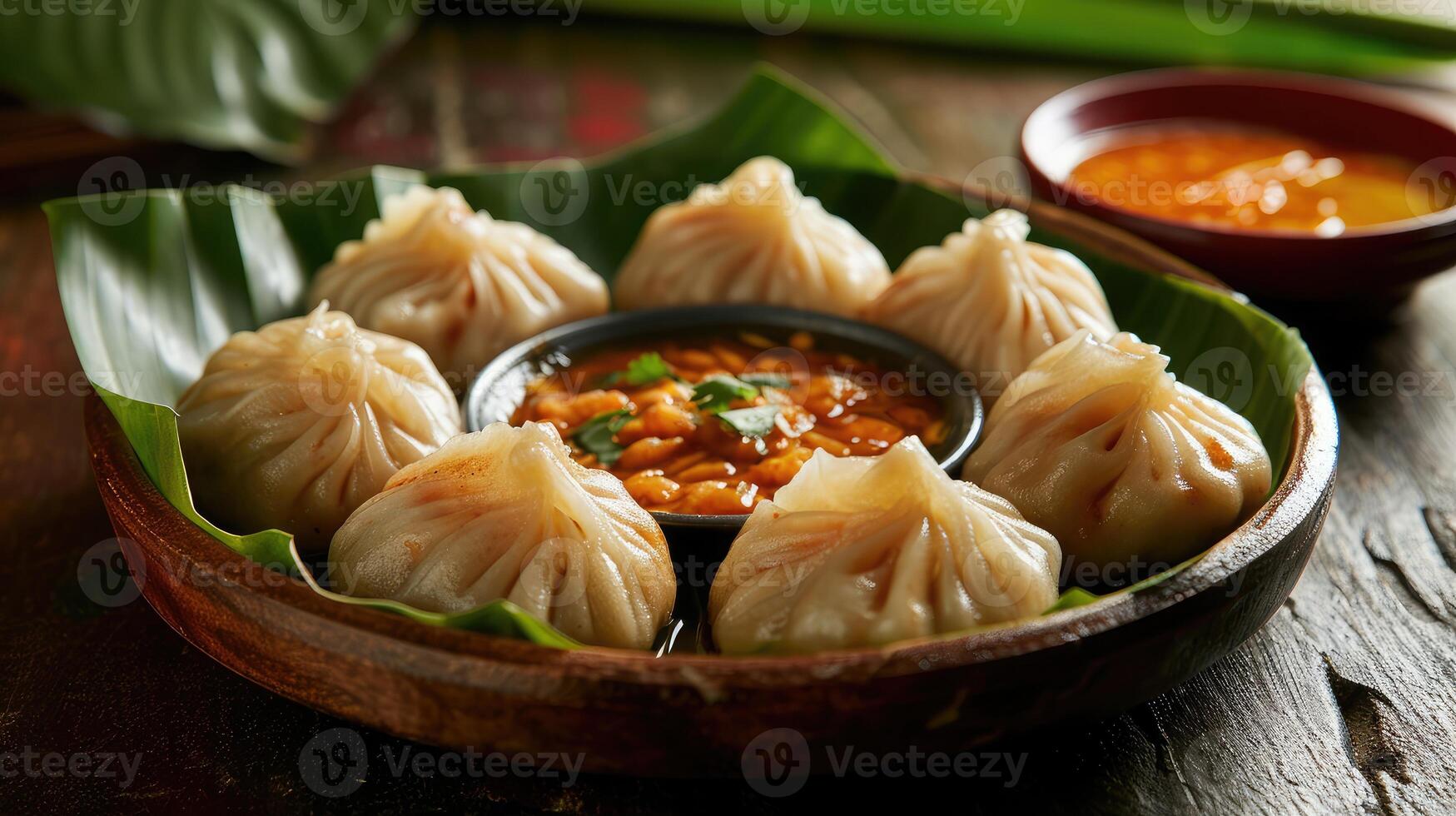 ai generiert köstlich momos mit Chutney auf das Blatt. gefangen mit selektiv Fokus . foto