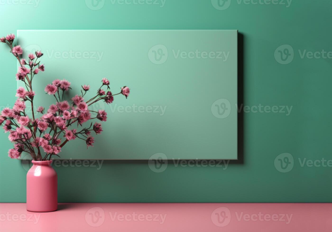 ai generiert Rosa Vase mit Blumen auf ein Grün Mauer foto