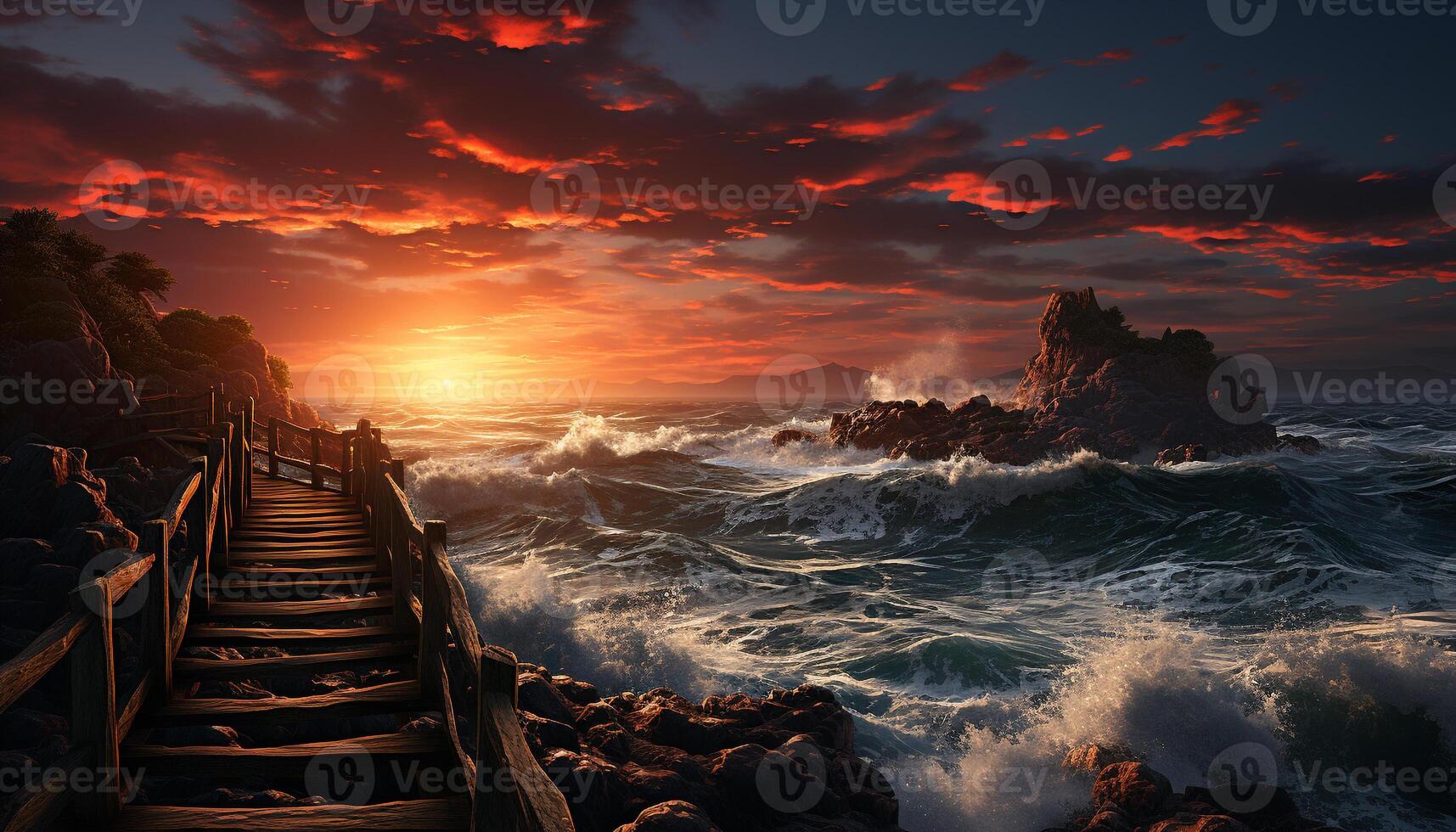 ai generiert Sonnenuntergang Über das Ozean, Wellen abstürzen auf Felsen generiert durch ai foto