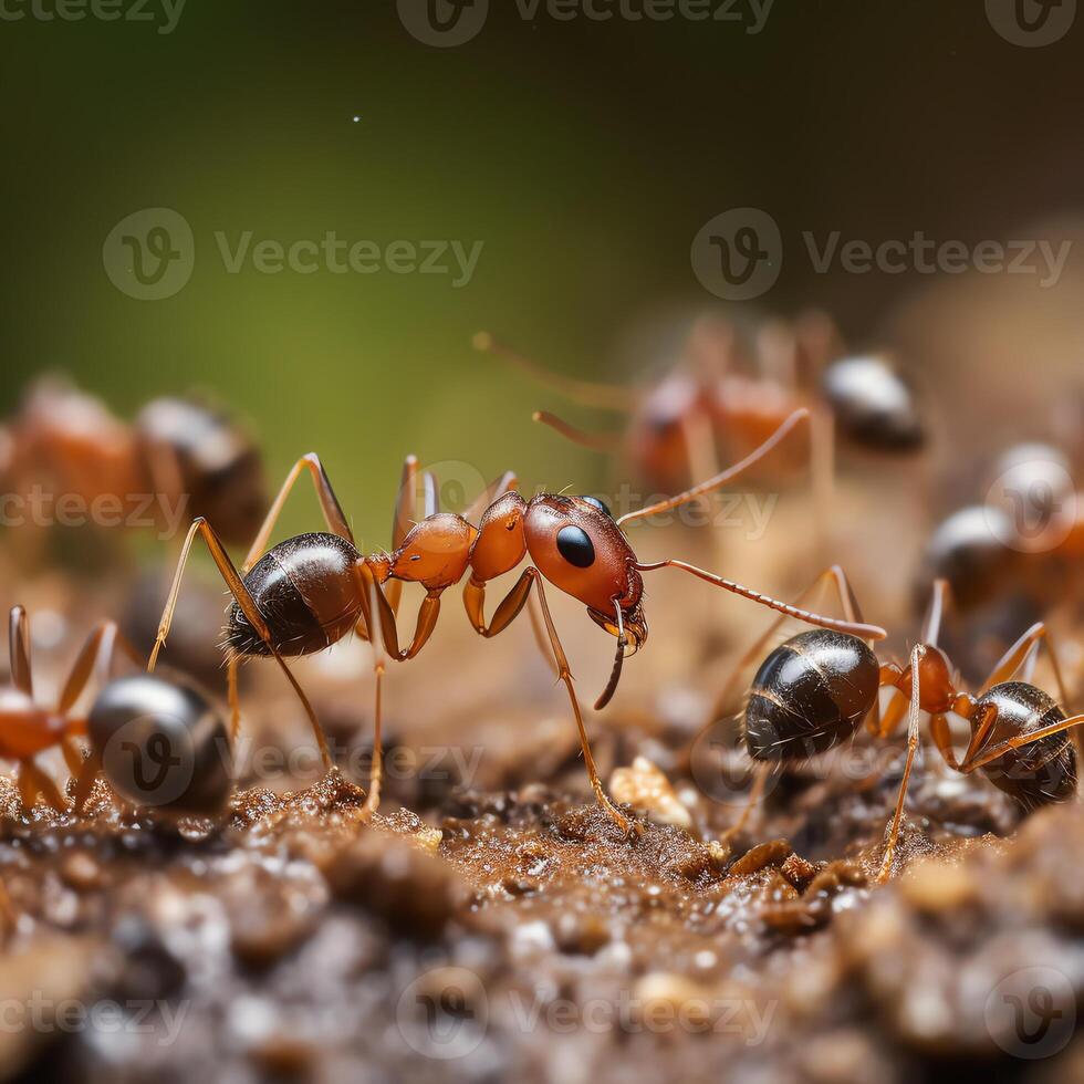 ai generiert ein schließen oben von ein Ameise Kolonie auf ein Boden foto