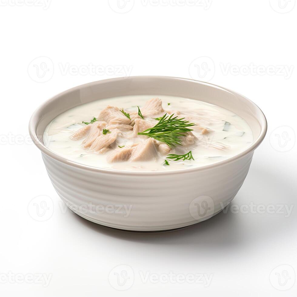 ai generiert Sahne Suppe mit Hähnchen isoliert auf Weiß Hintergrund foto