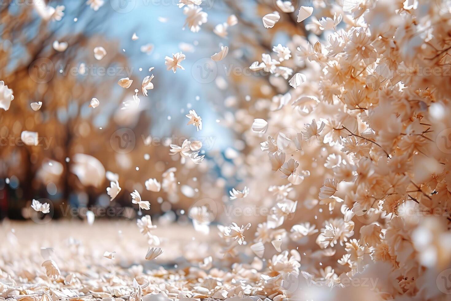 ai generiert Blütenblatt Blumen Konfetti fallen von ein hell Blau Himmel auf ein Herbst oder Frühling Fachmann Fotografie foto