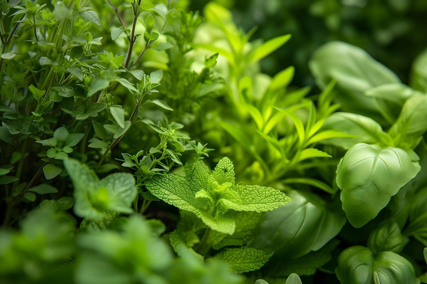 ai generiert der Natur Apotheke Nahansicht von organisch Kraut Gardens üppig Grün Güte foto