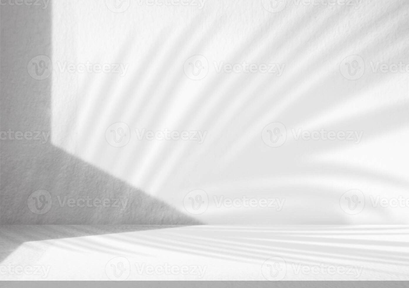 Hintergrund Weiß Mauer Küche Studio Zimmer mit Kokosnuss Palme Schatten Blätter, Licht auf Beton Schreibtisch oben Oberfläche Textur, leer grau Zement Anzeige Podium und Regal Bar mit Sonnenlicht zum Produkt Geschenk foto