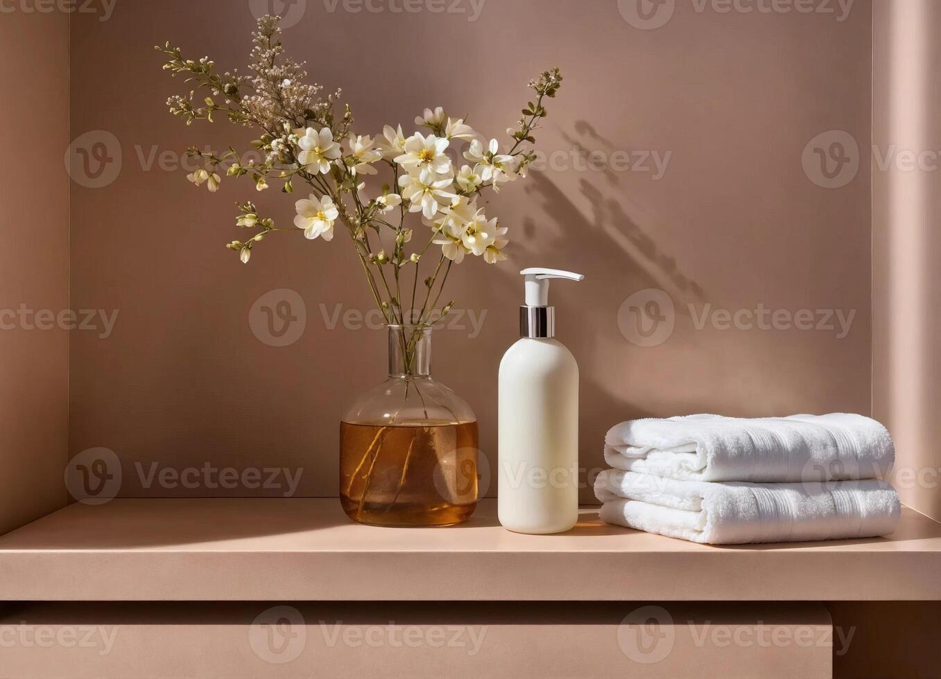 ai generiert gefaltet Handtuch, Flasche von Flüssigkeit Seife und Blumen auf ein Regal im das Badezimmer foto