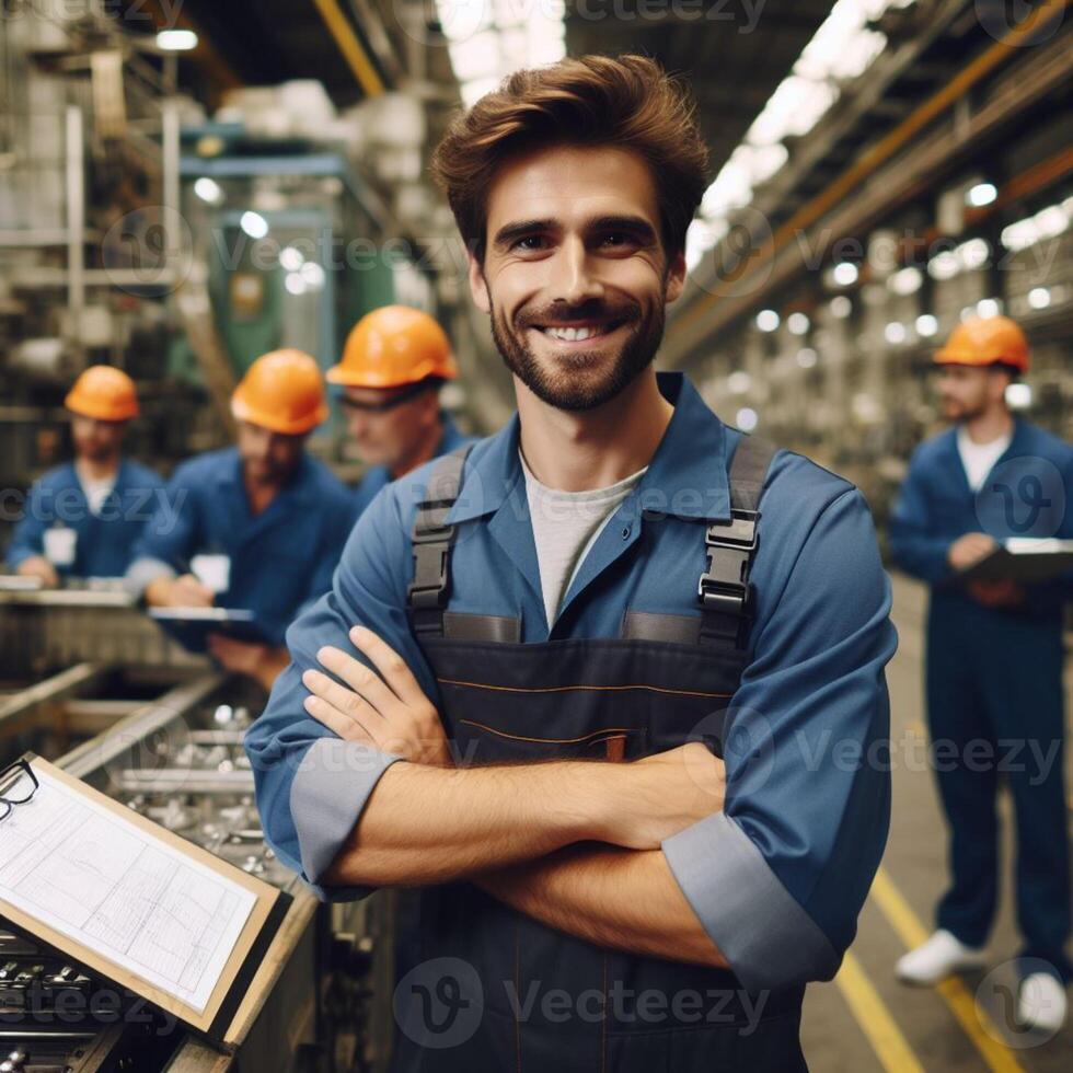 ai generiert glücklich lächelnd männlich Fabrik Arbeiter posieren Innerhalb ein Fabrik zum ein Fotoshooting foto