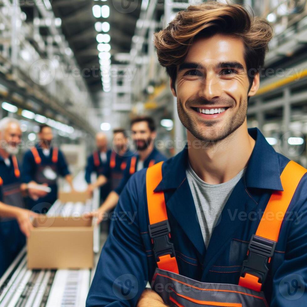 ai generiert glücklich lächelnd männlich Fabrik Arbeiter posieren Innerhalb ein Fabrik zum ein Fotoshooting foto
