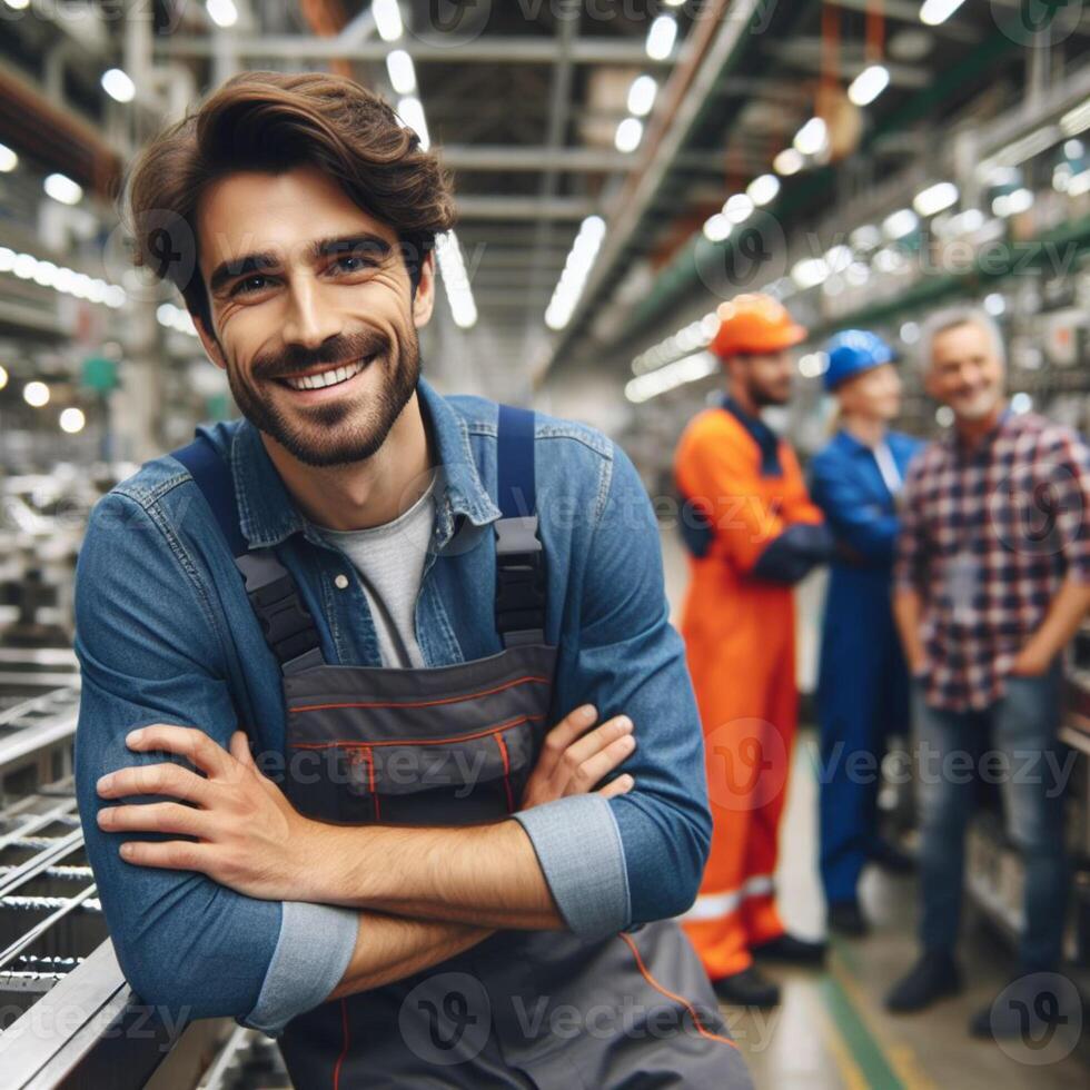 ai generiert glücklich lächelnd männlich Fabrik Arbeiter posieren Innerhalb ein Fabrik zum ein Fotoshooting foto