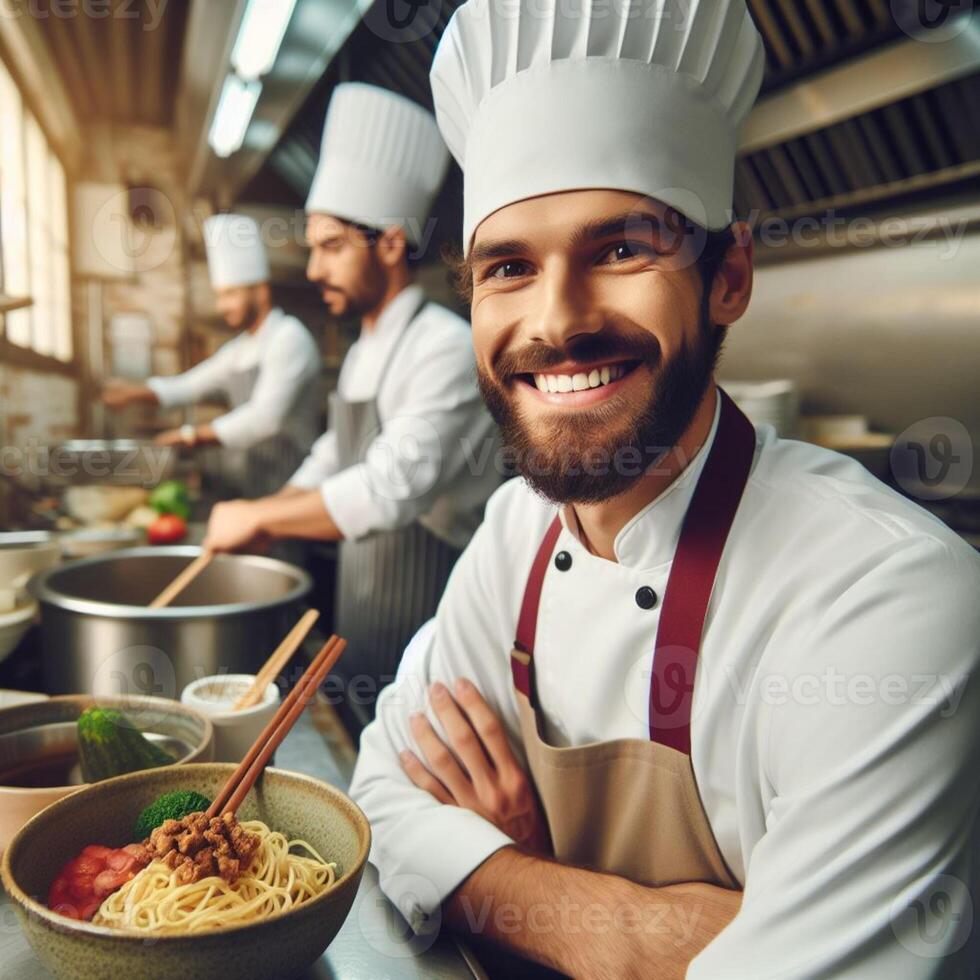 ai generiert männlich Koch und weiblich Koch Arbeiten Innerhalb ein Restaurant lächelnd posieren zum Fotoshooting foto