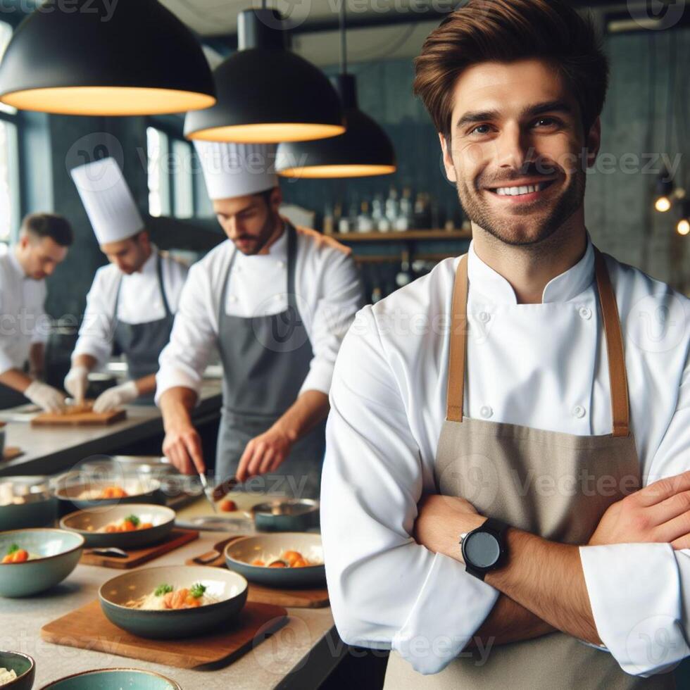 ai generiert männlich Koch und weiblich Koch Arbeiten Innerhalb ein Restaurant lächelnd posieren zum Fotoshooting foto