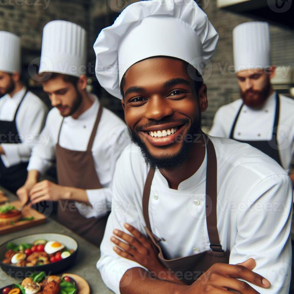 ai generiert männlich Koch und weiblich Koch Arbeiten Innerhalb ein Restaurant lächelnd posieren zum Fotoshooting foto