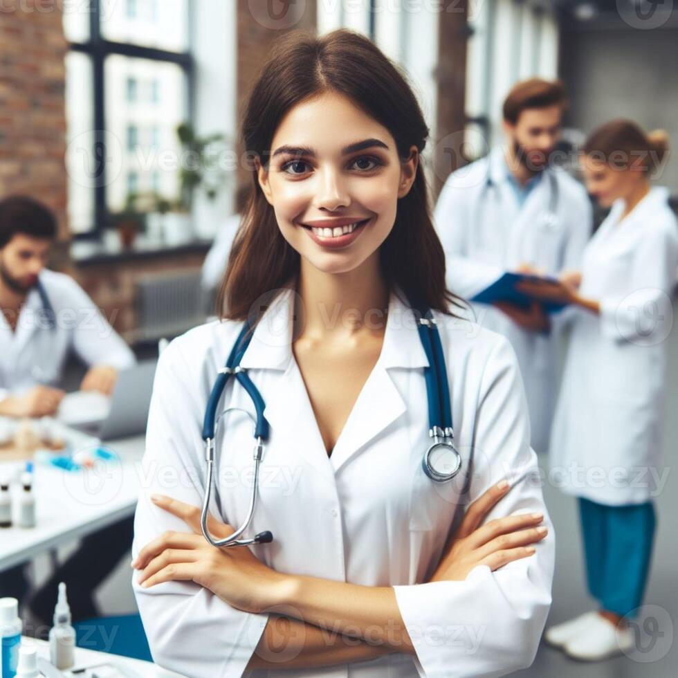 ai generiert schön lächelnd weiblich Arzt lächelnd zum ein Fotoshooting im Krankenhaus foto