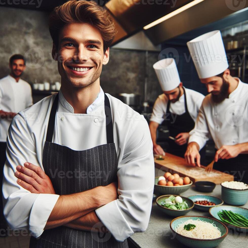 ai generiert männlich Koch und weiblich Koch Arbeiten Innerhalb ein Restaurant lächelnd posieren zum Fotoshooting foto