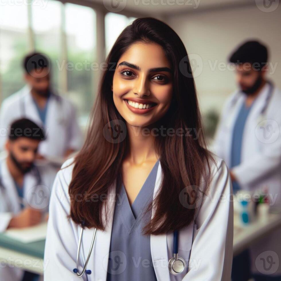 ai generiert schön lächelnd weiblich Arzt lächelnd zum ein Fotoshooting im Krankenhaus foto