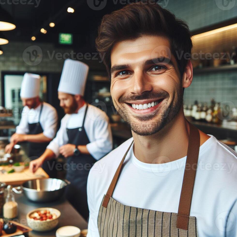 ai generiert männlich Koch und weiblich Koch Arbeiten Innerhalb ein Restaurant lächelnd posieren zum Fotoshooting foto